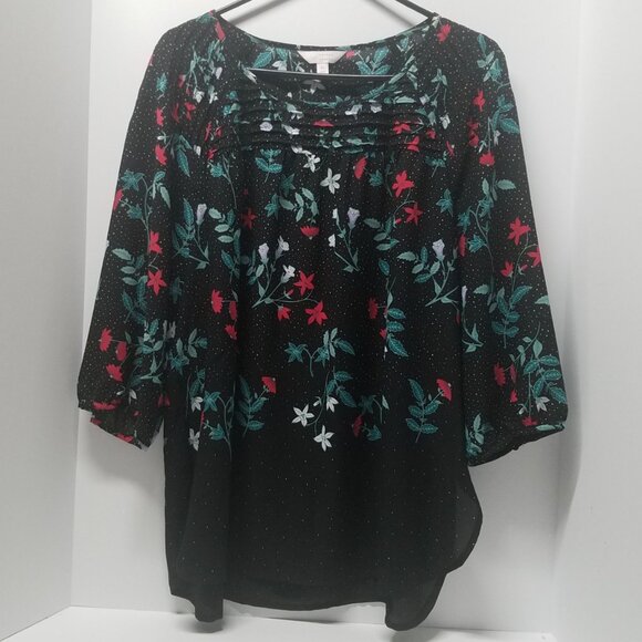 LC Lauren Conrad 3/4 Length Sleeve Black Floral Peasant Top - Picture 1 of 12